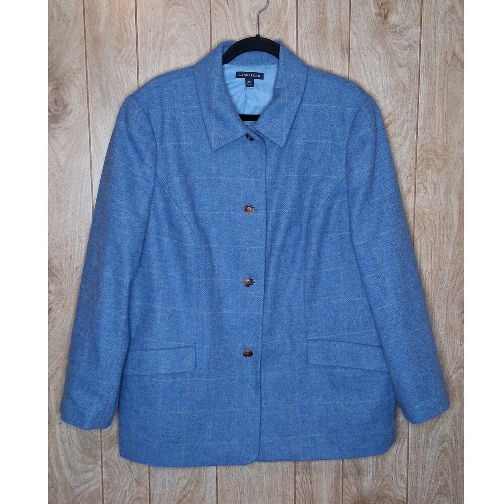 Ladies Lands' End 100% Wool Blue Windowpane Blazer Size 20W Pockets Lined